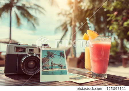Retro film camera on table with tropical drink and postcard 125895111