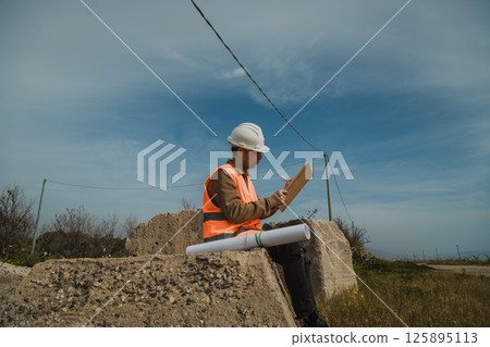 Engineer Outdoor Sitting On A Rock And Taking Notes Engineer Outdoor Sitting On A Rock And Taking Notes 125895113