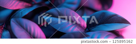 This visually striking composition showcases metallic black leaves reflecting vibrant purple and cyan neon colors, embodying a futuristic and elegant botanical aesthetic 125895162