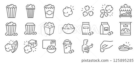 Popcorn icon set. It includes snack, corn, dessert, crispy and more icons. Editable Vector Stroke. 125895285