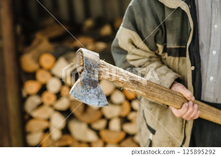 A strong hand holds an axe. A large pile of firewood is visible behind it. A strong hand holds an axe. A large pile of firewood is visible behind it. 125895292