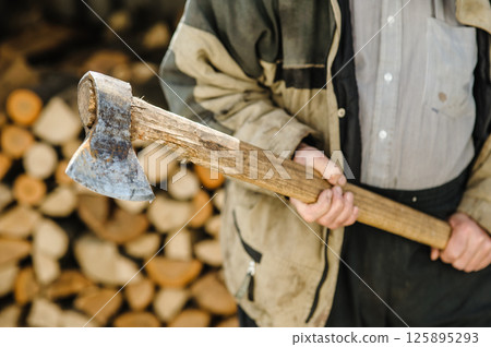 A strong hand holds an axe. A large pile of firewood is visible behind it. A strong hand holds an axe. A large pile of firewood is visible behind it. 125895293
