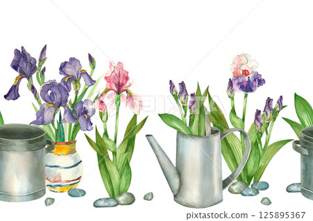 Seamless watercolor floral border. Flowers irises pink, purple, watering can, saucepan, vase with flowers, pebbles, flower buds. All objects are hand painted with watercolor. For printing on fabric. 125895367