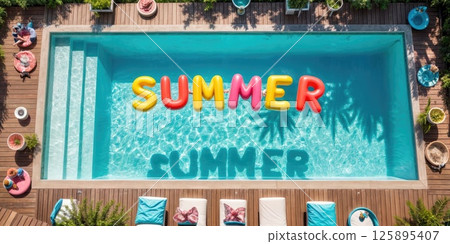 Colorful summer pool with floats and loungers on a sunny day 125895407