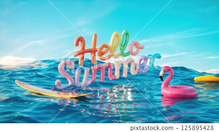 Colorful "hello summer" inflatable text with pink flamingo float and surfboards in ocean 125895428