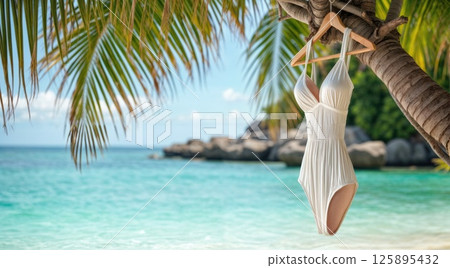 Elegant white swimsuit hanging on palm tree by tropical beach 125895432