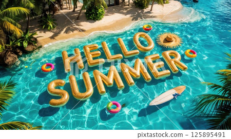 Floating pool letters spell 'hello summer' with fun beach elements 125895491