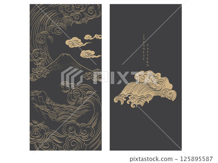 Japanese background with mountain, chinese cloud and hand drawn wave pattern vector. Abstract template with geometric wave pattern. Cultue layout design in oriental style 125895587