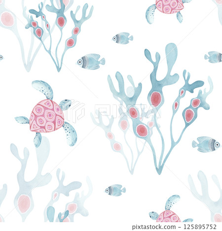 Underwater world seamless pattern with turtle, fish and seaweed. Hand-drawn watercolor marine illustration in pink and blue. Perfect for stationery,, gift wrap kids textiles, and nursery decor. 125895752