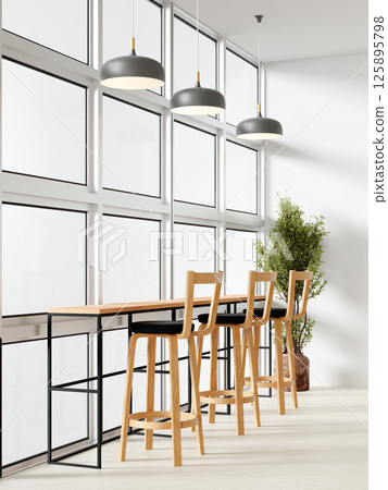 Minimalist cafe bar stools and table design. 3D render illustration Minimalist cafe bar stools and table design. 3D render illustration 125895798