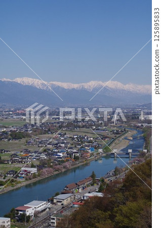 A view of the irrigation facility "Jikkasegi" in Azumino, Shinshu. Aerial view of the headworks, an irrigation channel excavated in the Edo period that irrigated Azumino. A view of the irrigation facility "Jikkasegi" in Azumino, Shinshu. Aerial view of the headworks, an irrigation channel excavated in the Edo period that irrigated Azumino. 125895833