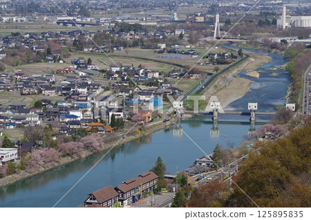 A view of the irrigation facility "Jikkasegi" in Azumino, Shinshu. Aerial view of the headworks, an irrigation channel excavated in the Edo period that irrigated Azumino. 125895835