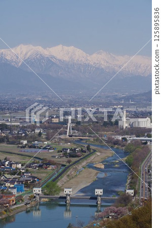 A view of the irrigation facility "Jikkasegi" in Azumino, Shinshu. Aerial view of the headworks, an irrigation channel excavated in the Edo period that irrigated Azumino. A view of the irrigation facility "Jikkasegi" in Azumino, Shinshu. Aerial view of the headworks, an irrigation channel excavated in the Edo period that irrigated Azumino. 125895836