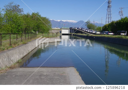A view of the irrigation facility "Jikkasegi" in Azumino, Shinshu. The irrigation channel that irrigated Azumino during the Edo period. The Matsumoto side siphon A view of the irrigation facility "Jikkasegi" in Azumino, Shinshu. The irrigation channel that irrigated Azumino during the Edo period. The Matsumoto side siphon 125896218