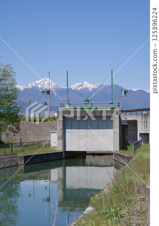 A view of the irrigation facility "Jikkasegi" in Azumino, Shinshu. The irrigation channel that irrigated Azumino during the Edo period. The Matsumoto side siphon A view of the irrigation facility "Jikkasegi" in Azumino, Shinshu. The irrigation channel that irrigated Azumino during the Edo period. The Matsumoto side siphon 125896224