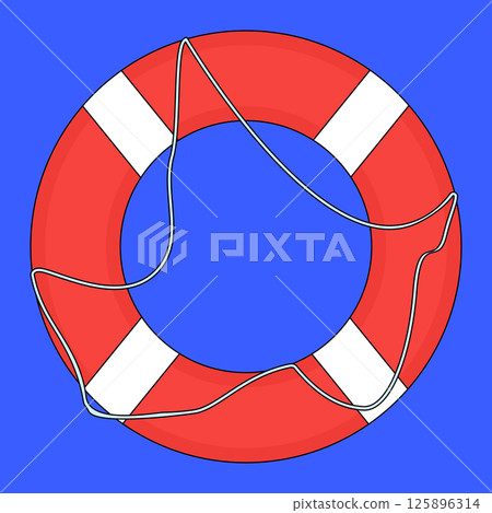 Summer illustration of vintage life preserver with rope for marine vessel on blue background. A means of rescue on the water. Red lifebuoy. Ideal for summertime, safety, nautical, maritime, sea design 125896314