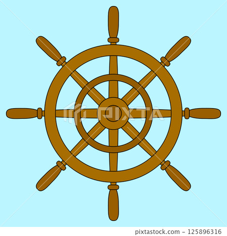Summer vector illustration of a wooden vintage sea vessel helm on light blue background. Retro ship rudder. Perfect for summertime, nautical, maritime, and sea themed design. Summer vector illustration of a wooden vintage sea vessel helm on light blue background. Retro ship rudder. Perfect for summertime, nautical, maritime, and sea themed design. 125896316