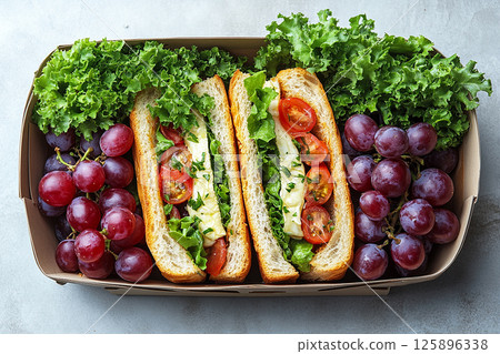 Lunch with a baguette sandwich, brie cheese and grapes. Parisian style lunch box. 125896338
