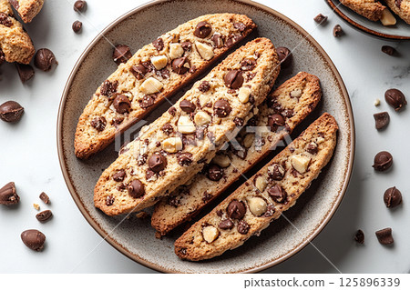 Variety of bakes and cookies in ceramic plate on a white background. 125896339