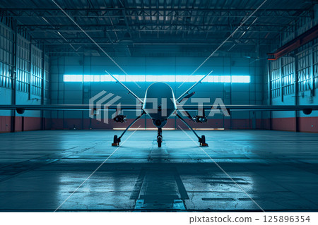 large unmanned military aerial vehicle inside a hangar. drone large unmanned military aerial vehicle inside a hangar. drone 125896354