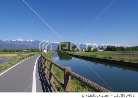 A view of the "Jikkasegi" irrigation facility in Azumino, Shinshu. An irrigation channel excavated in the Edo period that irrigated Azumino (near Nanbu Park) 125896498