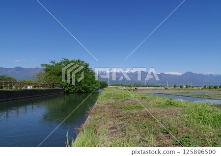 A view of the "Jikkasegi" irrigation facility in Azumino, Shinshu. An irrigation channel excavated in the Edo period that irrigated Azumino (near Nanbu Park) 125896500