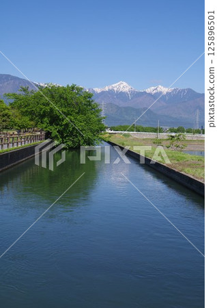 A view of the "Jikkasegi" irrigation facility in Azumino, Shinshu. An irrigation channel excavated in the Edo period that irrigated Azumino (near Nanbu Park) 125896501