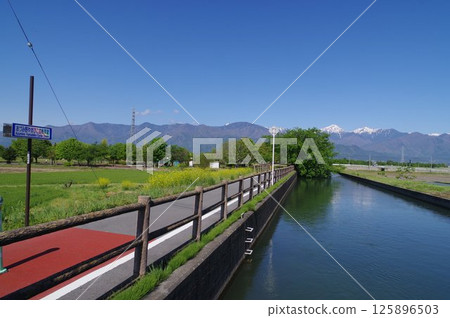 A view of the "Jikkasegi" irrigation facility in Azumino, Shinshu. An irrigation channel excavated in the Edo period that irrigated Azumino (near Nanbu Park) 125896503