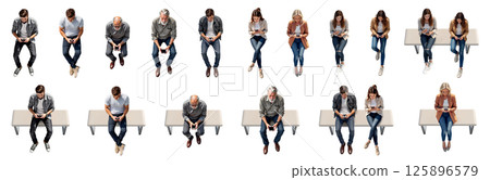 人們坐在長椅上看著他們的智慧型手機（透明背景） 125896579