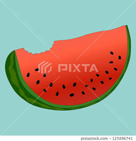 Refreshing vector illustration of cut off watermelon slice with bitten off piece on blue background. Appetizing juicy summer berry with black seeds and teeth trace from a bite in vibrant colors. Refreshing vector illustration of cut off watermelon slice with bitten off piece on blue background. Appetizing juicy summer berry with black seeds and teeth trace from a bite in vibrant colors. 125896741