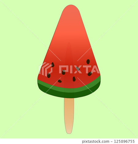 Summer vector illustration of juicy ice cream on a stick in the form of watermelon slice on light green background. Appetizing berry fruit ice. Perfect for Summertime and food themed designs. 125896755