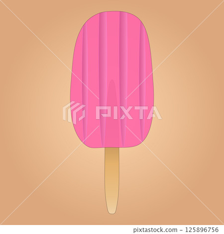 Summer vector illustration of juicy pink ice cream on a stick on beige gradient background. Appetizing fruit ice. Ideal for Summertime and food themed designs, or National Ice Cream Day celebrations. 125896756