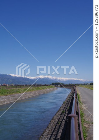A view of the "Jikkasegi" irrigation facility in Azumino, Shinshu. An irrigation channel excavated in the Edo period that irrigated Azumino (Hotaka Kashiwara area) A view of the "Jikkasegi" irrigation facility in Azumino, Shinshu. An irrigation channel excavated in the Edo period that irrigated Azumino (Hotaka Kashiwara area) 125896772