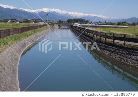 A view of the "Jikkasegi" irrigation facility in Azumino, Shinshu. An irrigation channel excavated in the Edo period that irrigated Azumino (Hotaka Kashiwara area) 125896779