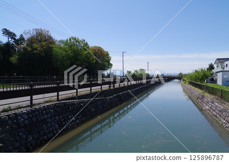 A view of the "Jikkasegi" irrigation facility in Azumino, Shinshu. An irrigation channel excavated in the Edo period that irrigated Azumino (Hotaka Kashiwara area) A view of the "Jikkasegi" irrigation facility in Azumino, Shinshu. An irrigation channel excavated in the Edo period that irrigated Azumino (Hotaka Kashiwara area) 125896787