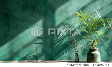Quiet sunlight interior scene with green wall and houseplants 125896931
