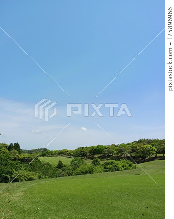 “高爾夫球場的景色令人耳目一新，有新鮮的綠色植物和蔚藍的天空。” 125896966