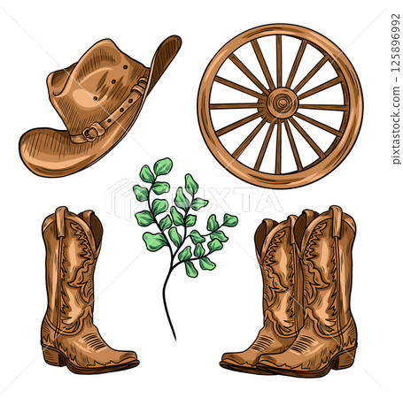 Vector western set. Hand painted rodeo theme design. Countryside cowboy boots illustration. Farmhouse rustic clipart. Wild West. Vector western set. Hand painted rodeo theme design. Countryside cowboy boots illustration. Farmhouse rustic clipart. Wild West. 125896992