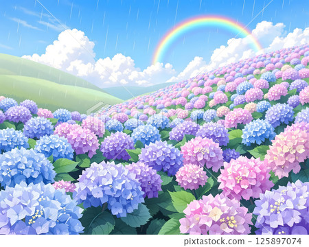Colorful hydrangea flowers against a rainbow and blue sky Colorful hydrangea flowers against a rainbow and blue sky 125897074