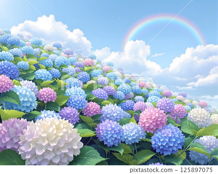 Colorful hydrangea flowers against a rainbow and blue sky Colorful hydrangea flowers against a rainbow and blue sky 125897075