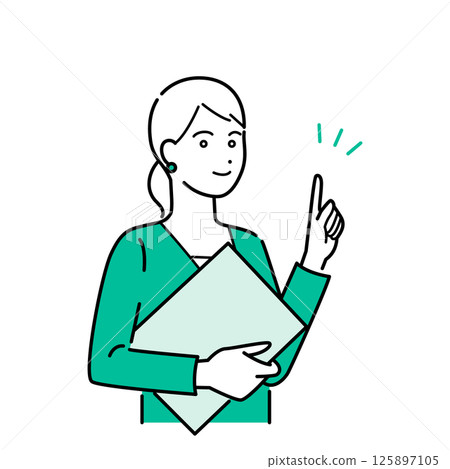 簡單的上身向量插圖集，一位身穿西裝的女性拿著活頁夾並解釋 125897105