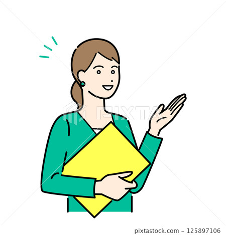 Simple upper body vector illustration set of a woman in a business suit holding a binder and explaining 125897106