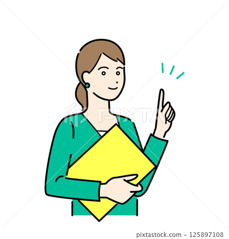 簡單的上身向量插圖集，一位身穿西裝的女性拿著活頁夾並解釋 125897108