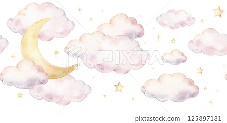 Watercolor sky seamless border with clouds, crescent moon, and scattered stars in pastel colors. Hand drawn Illustration of repeat Pattern for baby shower greeting cards or childish invitations. Watercolor sky seamless border with clouds, crescent moon, and scattered stars in pastel colors. Hand drawn Illustration of repeat Pattern for baby shower greeting cards or childish invitations. 125897181