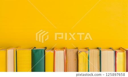 Books stack literature education library flat lay copy space background 125897658