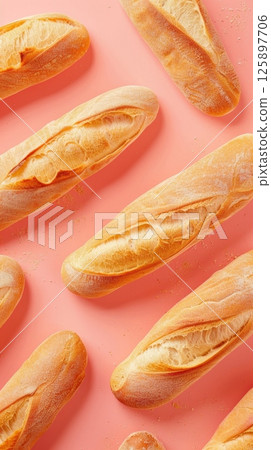 Baguette long bread baked loaf for sandwich breakfast pattern background 125897706
