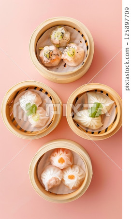 Dim sum traditional oriental food steamed bun with bamboo, story background 125897709