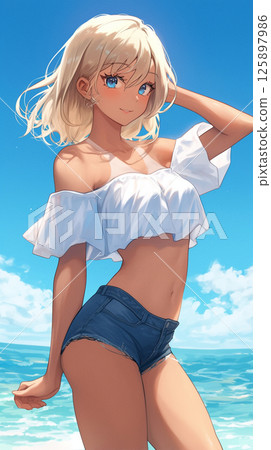 Tanned blonde woman with ocean background Tanned blonde woman with ocean background 125897986