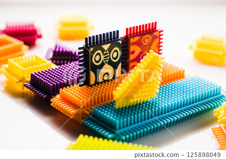 A set of multi-colored or monochromatic parts designed to build various shapes, objects, or models.  125898049