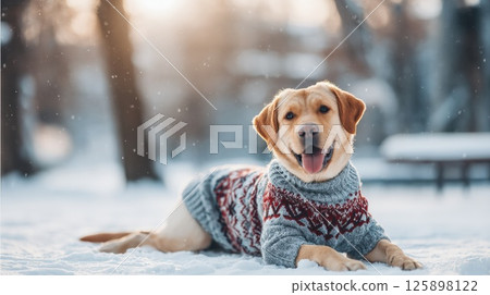 Labrador in Winter Sweater Relaxing in a Scenic Snowy Park 125898122